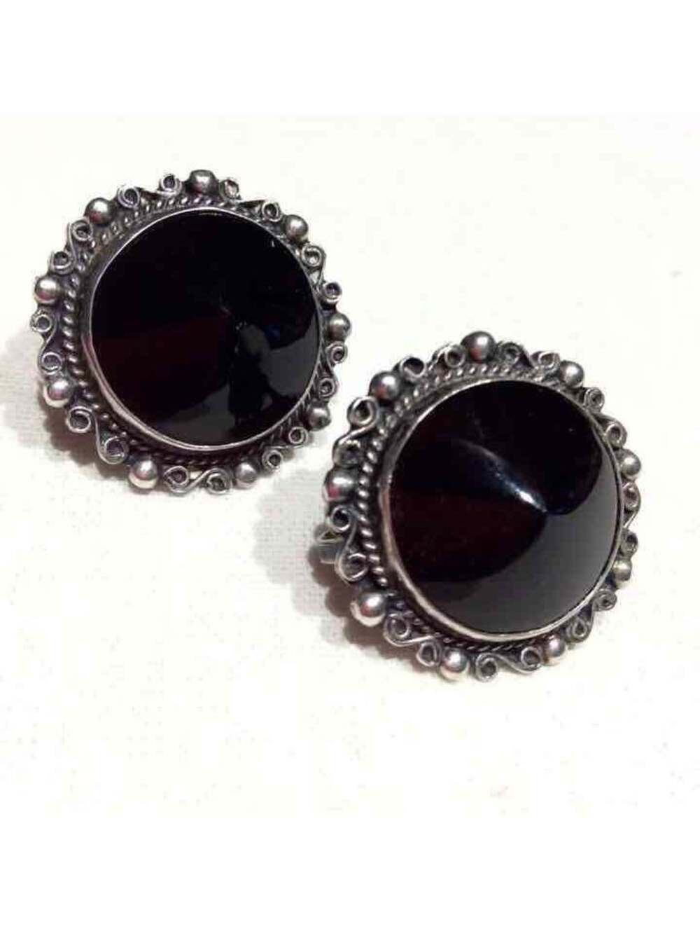 VINTAGE MEXICO CONE ONYX STERLING SILVER EARRINGS